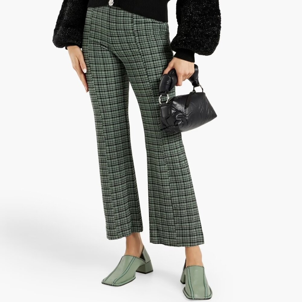Ganni Checked seersucker bootcut pants in leaf green